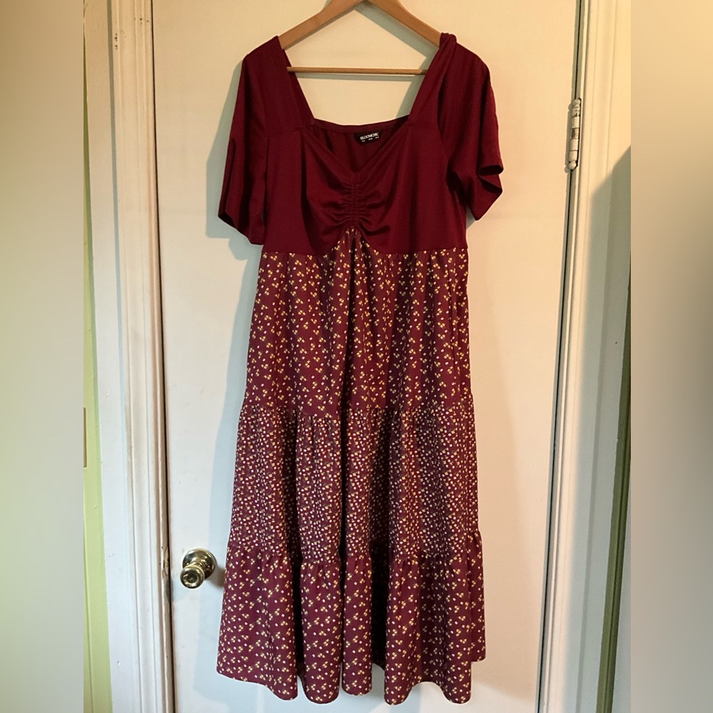 Womans red and floral dress